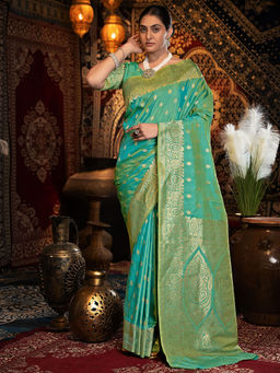 SATRANI - Women Silk Green Woven Saree with Unstitched Blouse