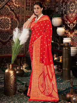 SATRANI - Women Silk Red Woven Saree with Unstitched Blouse