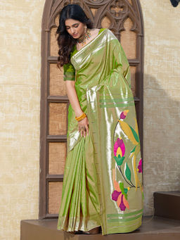 SATRANI - Women Light Green Silk Blend Paithani Saree with Unstitched Blouse