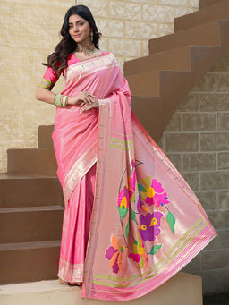 SATRANI - Women Baby Pink Silk Blend Paithani Saree with Unstitched Blouse