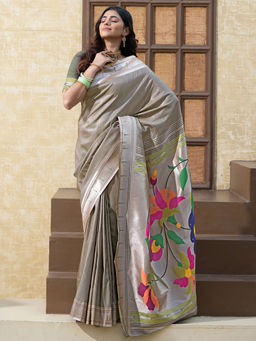 SATRANI - Women Grey Pink Silk Blend Paithani Saree with Unstitched Blouse