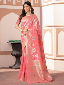 SATRANI - Women Peach Floral Woven Saree with Unstitched Blouse