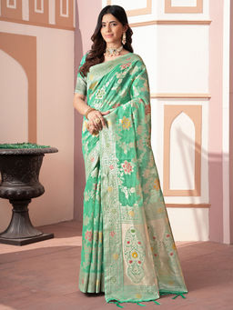SATRANI - Women Green Floral Woven Saree with Unstitched Blouse