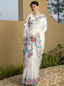 SATRANI - Women White Cotton Floral Jamdani Saree with Unstitched Blouse