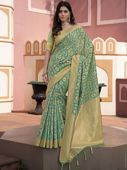 SATRANI - Women Green Cotton Silk Woven Saree with Unstitched Blouse
