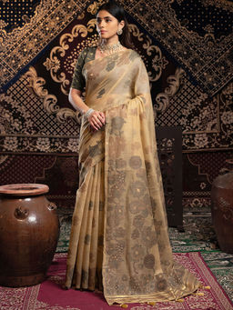 SATRANI - Women Beige Floral Cotton Jamdani Saree with Unstitched Blouse