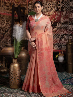 SATRANI - Women Peach Floral Cotton Jamdani Saree with Unstitched Blouse