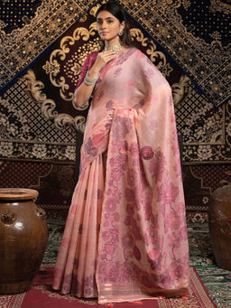 SATRANI - Women Pink Floral Cotton Jamdani Saree with Unstitched Blouse