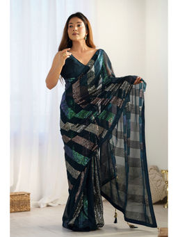 Mysilklove - Cornflower Navy Blue Georgette Sequined Partywear Saree with Unstitched Blouse