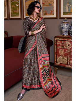 Mysilklove - Raven Black Patola Printed Satin Saree with Unstitched Blouse