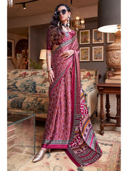 Mysilklove - Mocca Maroon Patola Printed Satin Saree with Unstitched Blouse