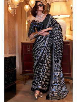 Mysilklove - Spider Black Patola Printed Satin Saree with Unstitched Blouse