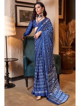 Mysilklove - Egyptian Navy Blue Patola Printed Satin Saree with Unstitched Blouse