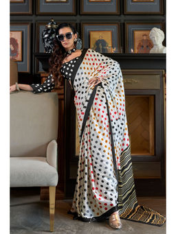 Mysilklove - Porcelain Multi-Color Polka Printed Satin Saree with Unstitched Blouse