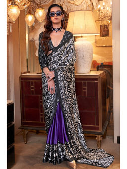 Mysilklove - Navy Blue and Jet Black Patola Printed Satin Crepe Saree with Unstitched Blouse