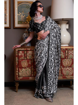 Mysilklove - Space Black Patola Printed Satin Saree with Unstitched Blouse