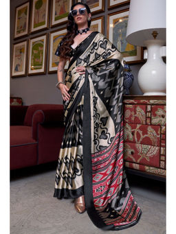 Mysilklove - Rich Black Patola Printed Satin Crepe Saree with Unstitched Blouse