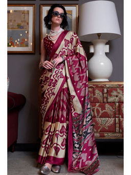 Mysilklove - Aesthetic Maroon Patola Printed Satin Crepe Saree with Unstitched Blouse