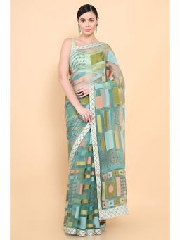 Soch - Women Green Organza Printed Saree with Unstitched Blouse