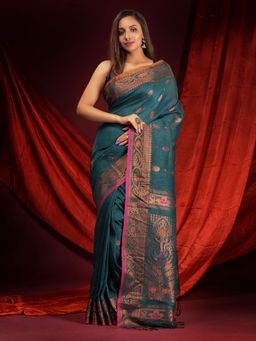 CHARUKRITI - Teal Linen Handwoven Zari Woven Designs and Motifs Saree with Unstitched Blouse