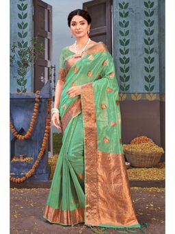 Sangam Prints - Green Organza Woven Zari Work Traditional Tassel Saree with Unstitched Blouse