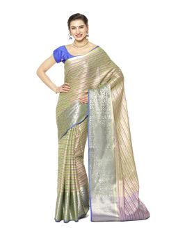 Banarasi Silk Works - Green & Pink Stripes Zari Kanchi Silk Tanchoi Pattu Saree with Unstitched Blouse