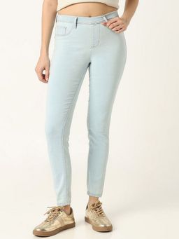 R&B - Women Blue Solid Mid Waist Slim Fit Jeans