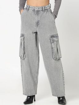 R&B - Women Grey Solid Mid Waist Relaxed Fit Jeans