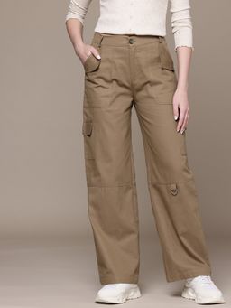 Popnetic - Women Solid Brown Flat-Front High-Rise Cargos