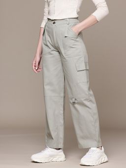 Popnetic - Women Solid Steel Grey Flat-Front High-Rise Cargos