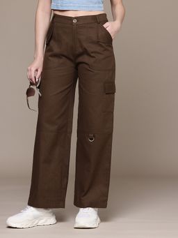 Popnetic - Women Solid Coffee Brown Flat-Front High-Rise Cargos