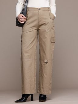Popnetic - Women Solid Beige Flat-Front High-Rise Cargos
