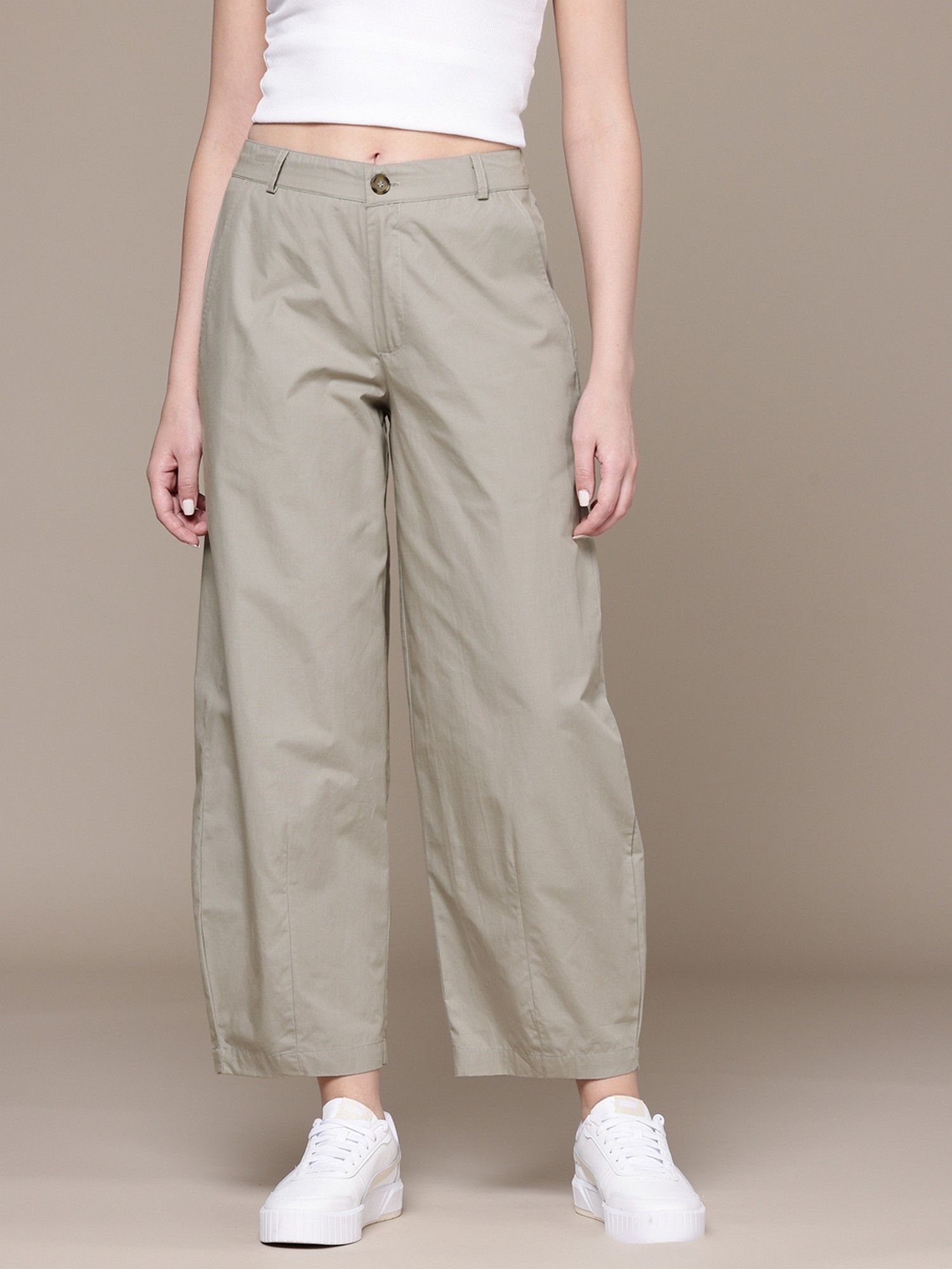 popnetic Solid Olive Pure Cotton Barrel Fit Trousers-picture-13