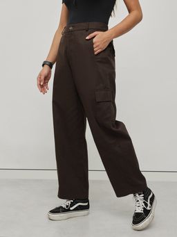 Popnetic - Women Solid Coffee Brown Pure Cotton Barrel Fit Cargo Trousers