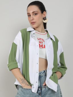 PINACOLADA - Women Pistachio Green and Powder White Boxy Striped Shirt