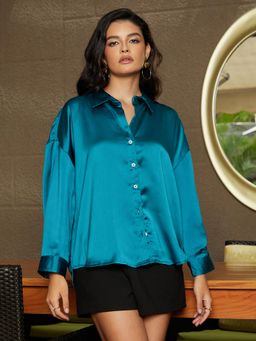PINACOLADA - Women Teal Green Boxy Satin Shirt