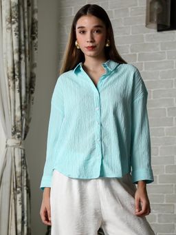 PINACOLADA - Women Aqua Blue Crumble-Veined Shirt