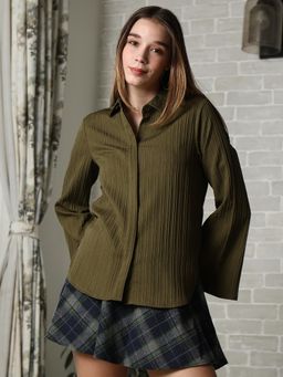 PINACOLADA - Women Olive Green Flared Sleeves Shirt