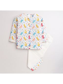 Polka Tots - Kids Cotton Printed Nightwear Top and Pyjama White (Set of 2)