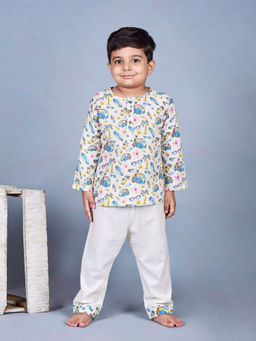 Polka Tots - Kids Cotton Printed Nightwear Top and Pyjama Cream (Set of 2)