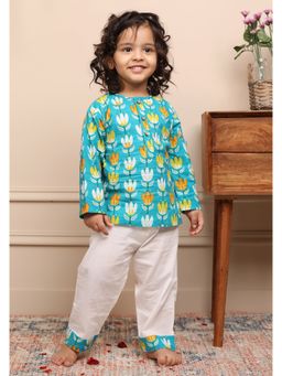 Polka Tots - Kids Cotton Floral Nightwear Top and Pyjama Blue (Set of 2)