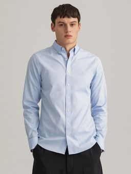 GANT - Men Blue Solid Slim Pinpoint Oxford Button Down Shirt