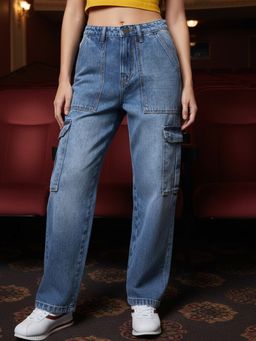 Bewakoof - Women Blue Washed Straight Fit Cargo Jeans