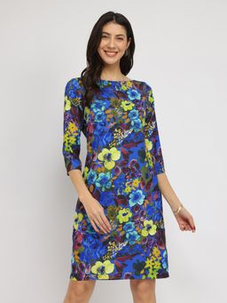 FableStreet - Floral Shift Knee Dress - Blue
