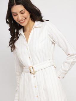 FableStreet - Cotton Linen Shirt Dress with Belt - White