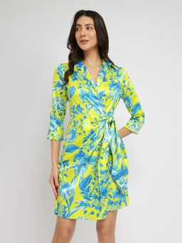 FableStreet - Satin Floral Wrap Mini Dress - Green