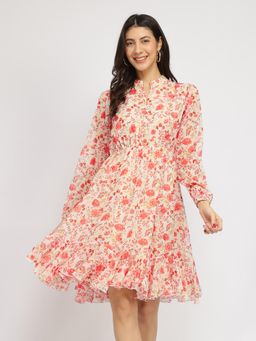 FableStreet - Fit And Flare Floral Knee Dress - Orange