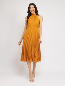FableStreet - Pleated Halter Midi Dress - Mustard
