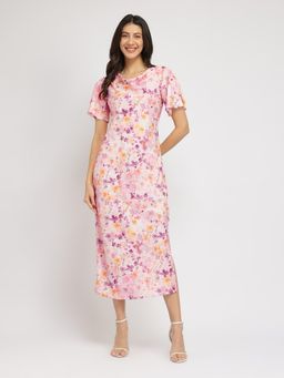 FableStreet - Floral A-Line Midi Dress - Pink