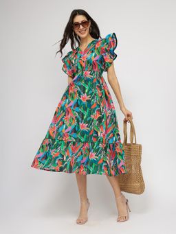 FableStreet - Cotton Floral Midi Dress - Green